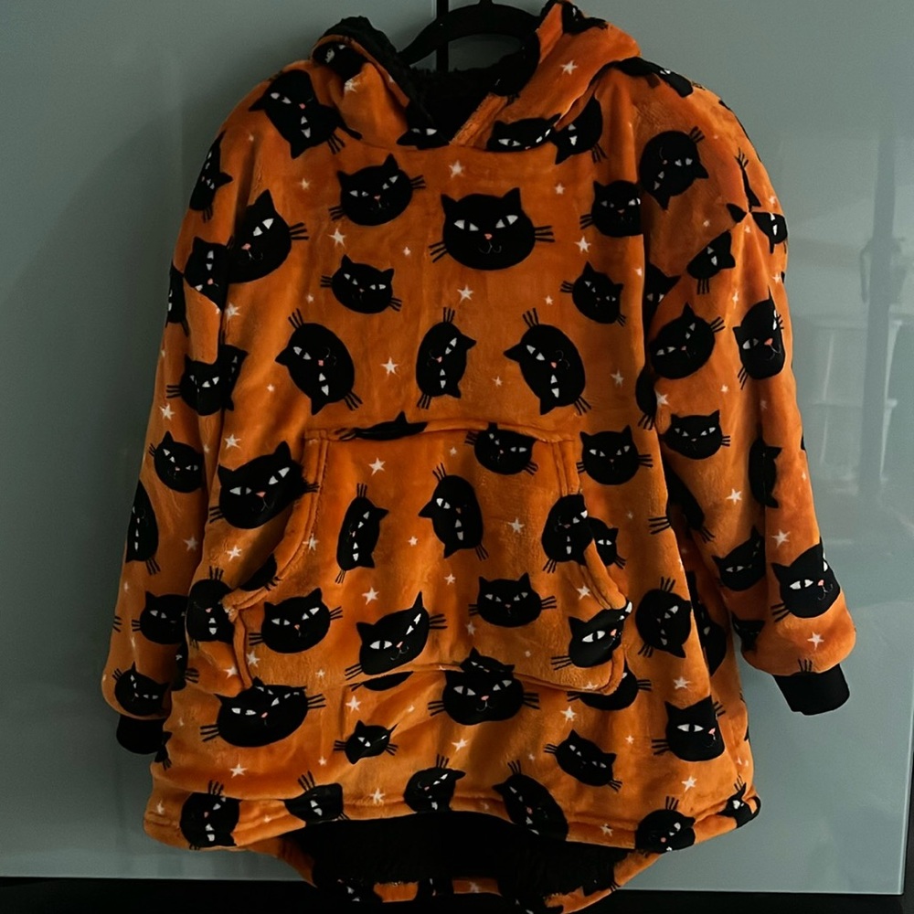 Halloween orange black cat one size hoodie blanket